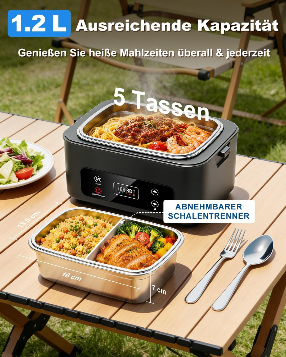 Elektrische Lunchbox, 100W Brotzeitbox Brotdose Gross 1.2L, Kabellos Tragbare Beheizbare Lunchbox El
