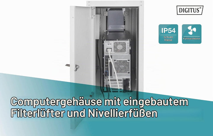 DIGITUS PC-Schrank - IP54 - Abschliessbar - Auf Füssen - Innenabmessungen 575x250x550 mm - Aktive Be
