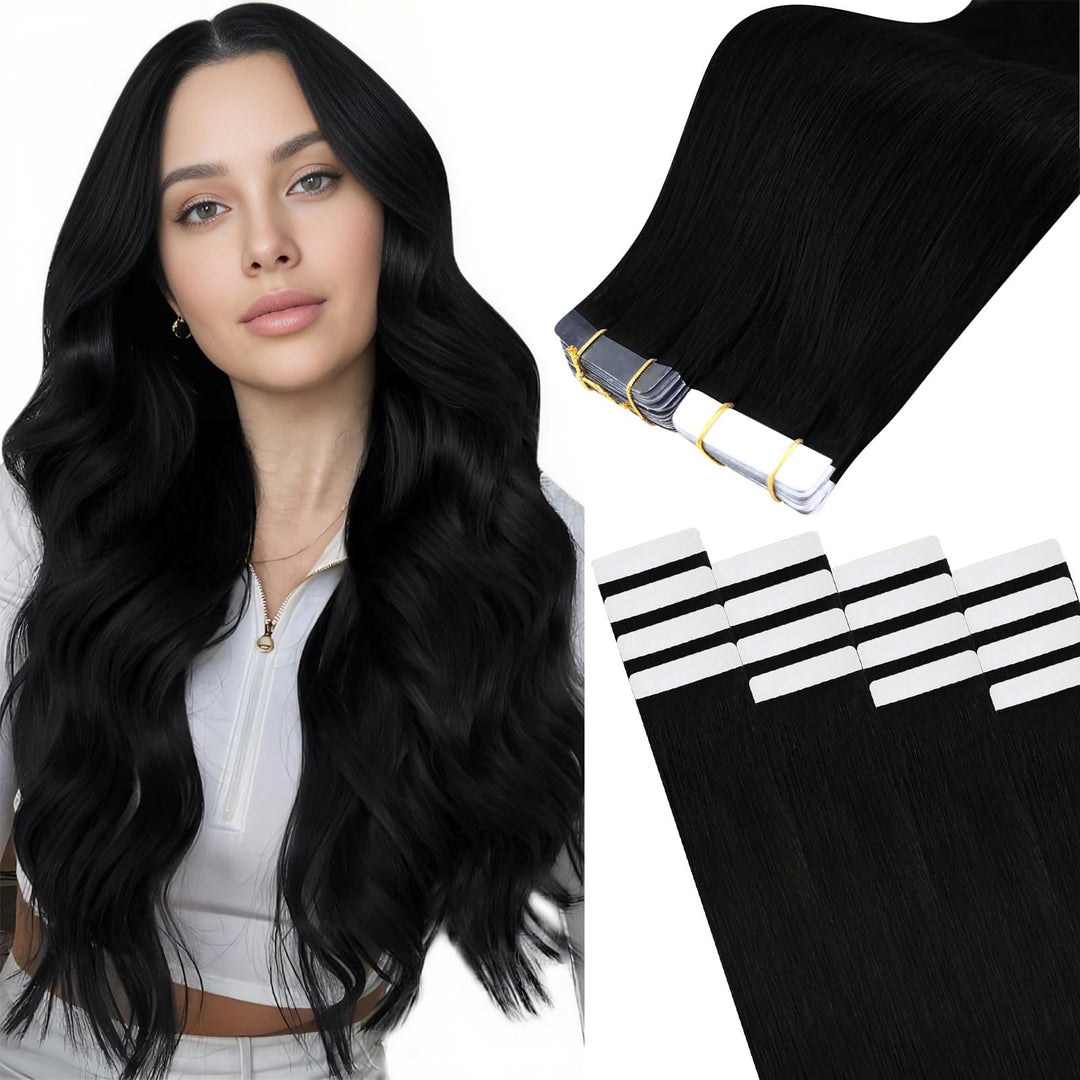 Easyouth Tape on Extensions Echthaar Haar Extensions Tape Echthaar Farbe Pechschwarz 12 Zoll 30g Tap