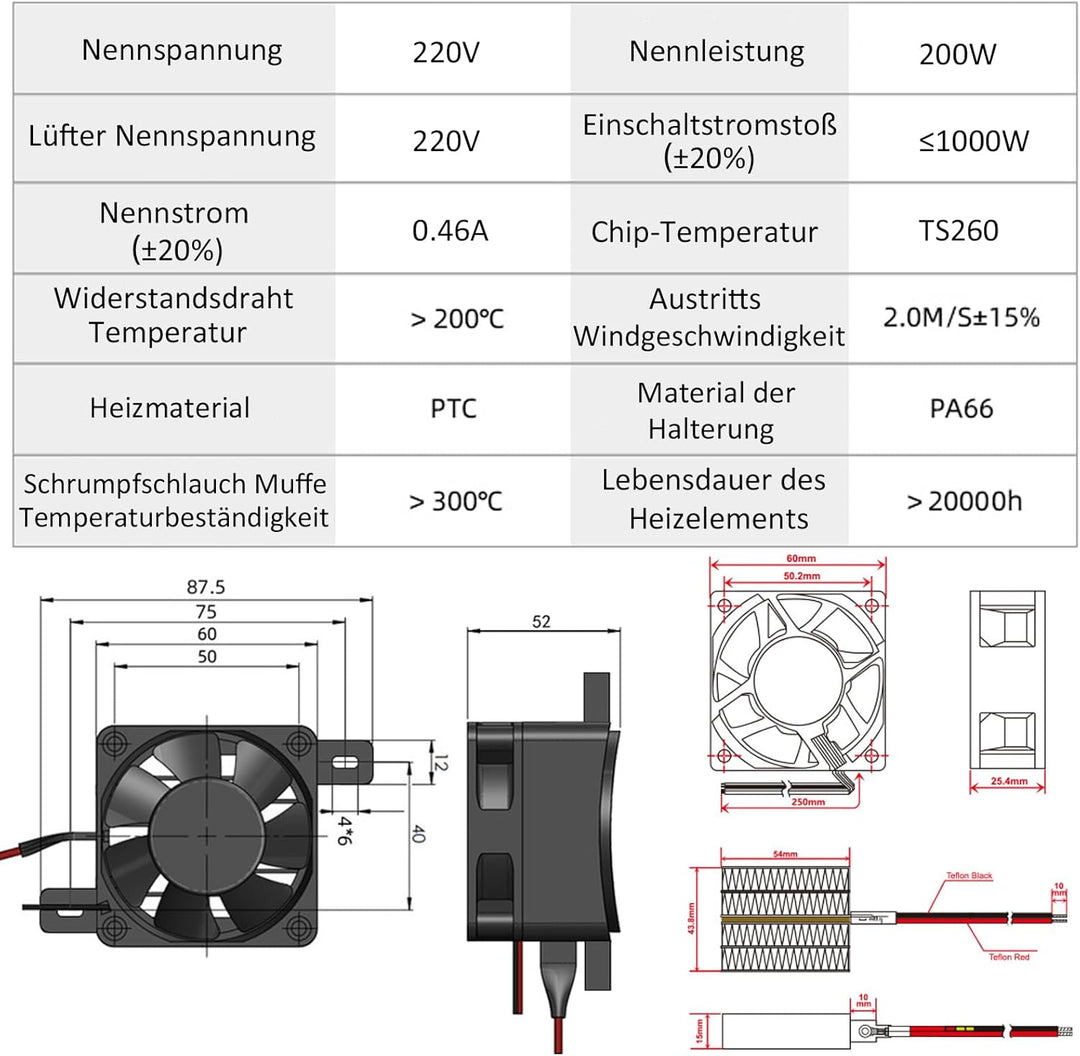 PTCYIDU Heizung Lüfter mit Netzkabel 220V 200W PTC-Luftheizung Konstante Temperatur Elektrische Kera