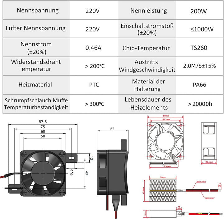 PTCYIDU Heizung Lüfter mit Netzkabel 220V 200W PTC-Luftheizung Konstante Temperatur Elektrische Kera