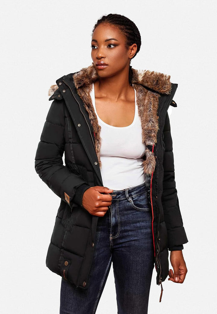 MARIKOO Damen Warmer Winter Steppmantel mit Kapuze Lieblings Jacke XS-XXL, Schwarz