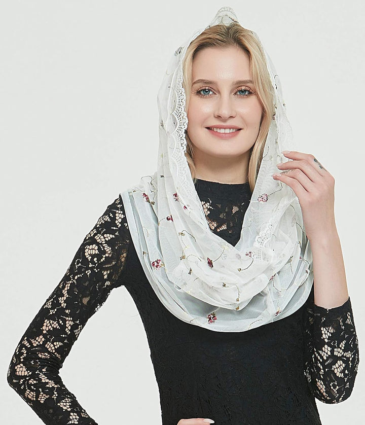 Orthodoxer Schleier Kopfbedeckung mit bestickten Blumen Katholische Kapelle Mantilla Schleier V50 El
