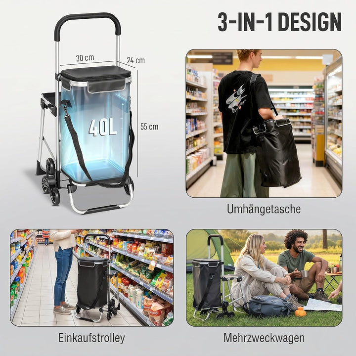 HOMCOM 3-in-1 Einkaufstrolley Klappbar mit Sitz 40L Kapazität Duneklgrau Dunkelgrau, Dunkelgrau