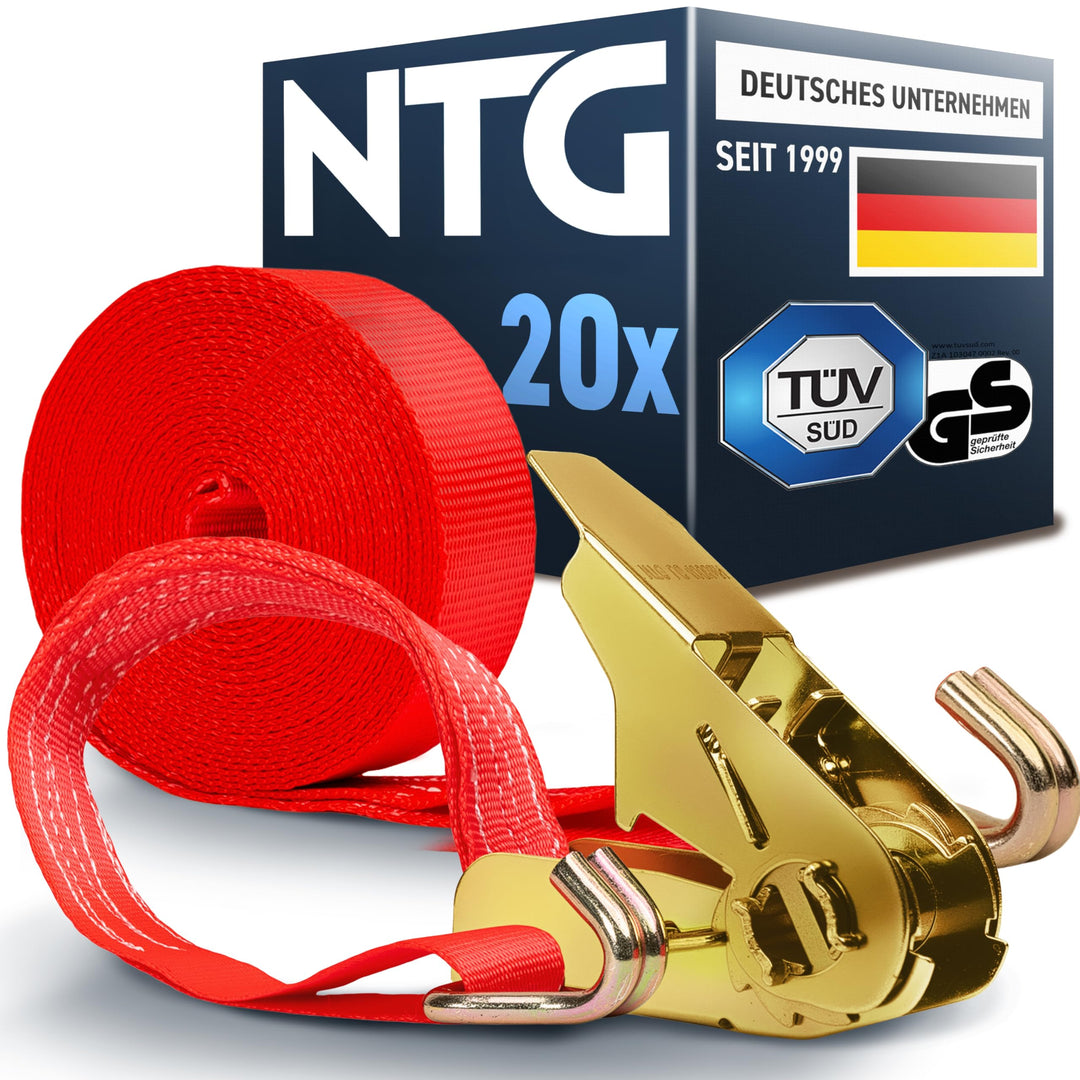 Spanngurte mit Ratsche (20 Stück) TÜV/GS geprüft | 800 kg 6m | zweiteilig mit Haken | Ratschengurt |