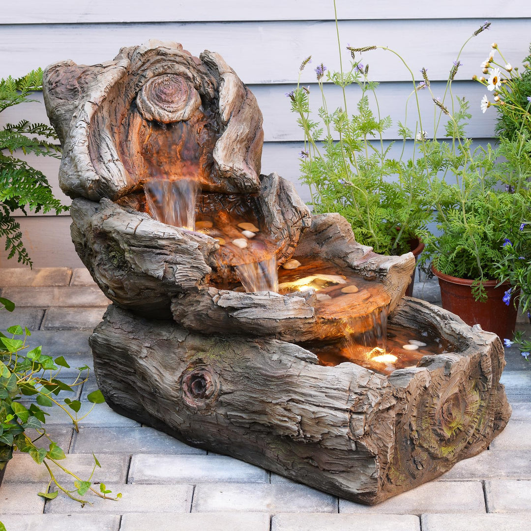 Sunlinua 4-stufige Gartenbrunnen in Holzoptik aus Harz mit LED-Beleuchtung – 80 cm Wasserfall, Garte