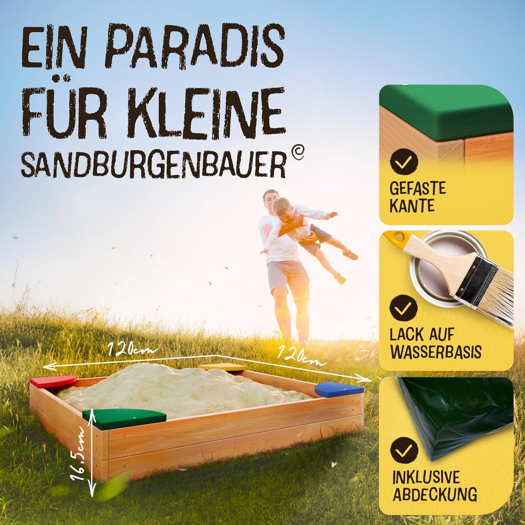 FRIEDO – Sandkasten mit Abdeckung 120x120 cm - Sandbox inkl. Bodenvlies zum Schutz vor Unkraut und U