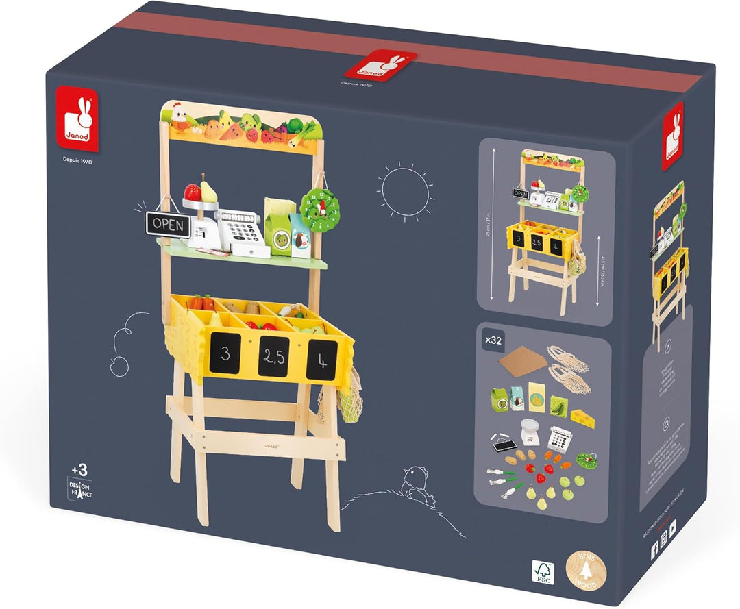 Janod - Kinder-Kaufladen Farm Market - Rollenspiel Kind - 32 Zubehörteile - Fördert die Fantasie - S