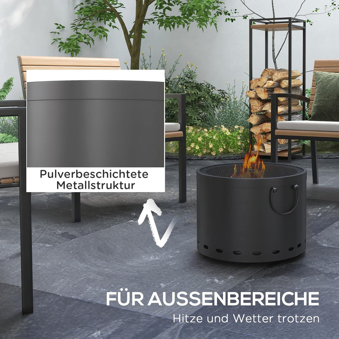 Outsunny Feuerstelle, Ø38cm Rauchfreie Holzfeuerschale mit Griff, Feuerkorb mit Schürhaken und Funke