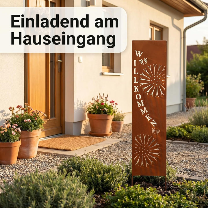 levandeo Stele Willkommen Garten-Deko 20x100cm Eisen Rost Rostdeko Braun Gartenstecker Gartenstele E