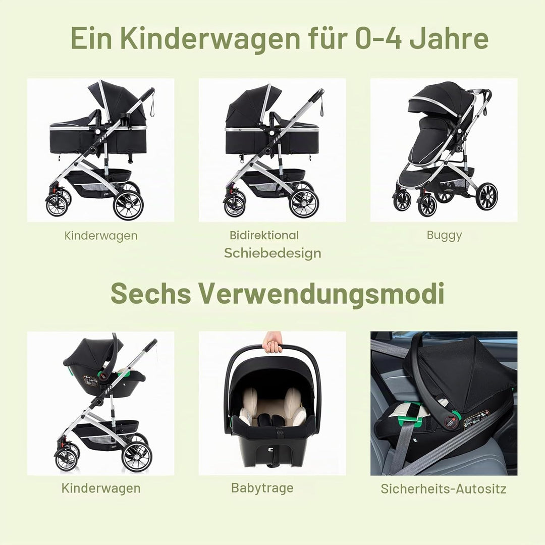 Gcarebb 3 in 1 Kinderwagen, Buggy Mit Auto Babyschale, Mit Einem Klick Zusammenklappbarer Tragbarer