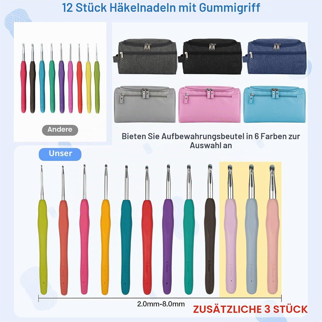 YINVA Häkelset für Anfänger 15Pcsx25g Häkelgarn Häkelnadel Set 2mm-8mm Ergonomische Häkelnadeln Croc