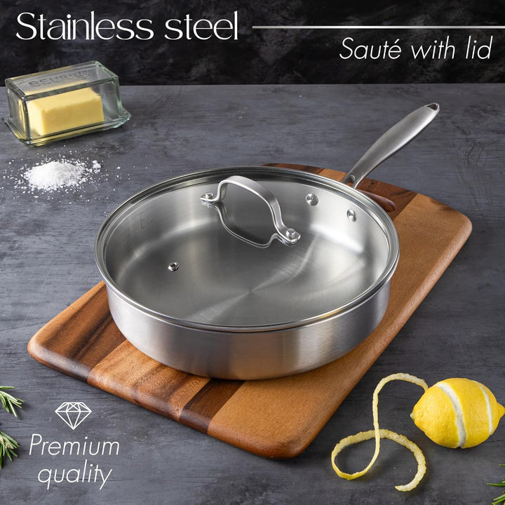 nuovva Edelstahl-Sautépfanne mit Glasdeckel, Induktionsherd, antihaftbeschichtet, 28 cm Bratpfanne S
