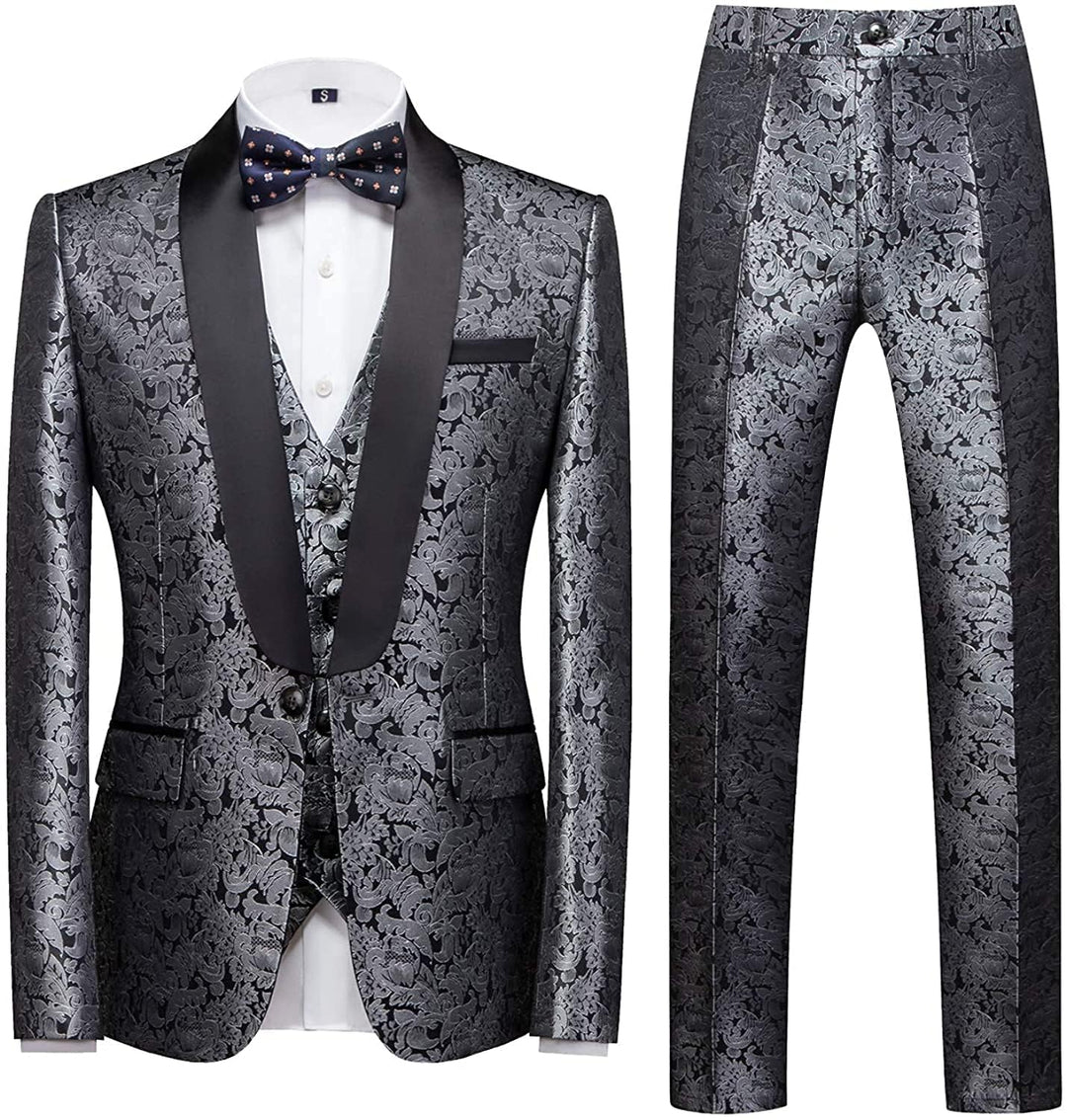 KUDORO Herren Anzüge 3-Teilig Slim Fit Paisley für Hochzeit Party Eine Knöpfe Jacquard Smoking Herre