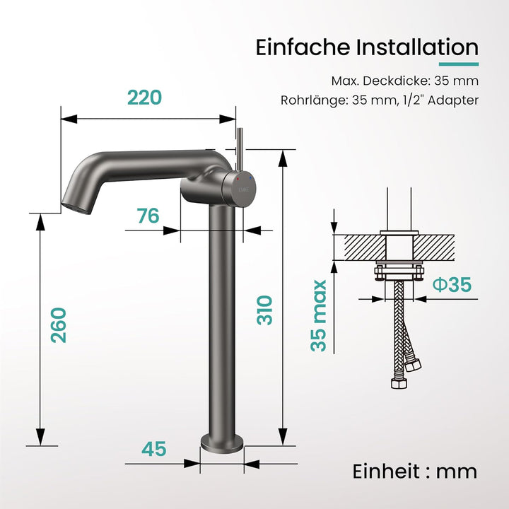EMKE Wasserhahn Bad Anthrazit Matt, 332 x 220 x 76 mm, Messing, Keramikkartusche, Badarmatur, Wasser