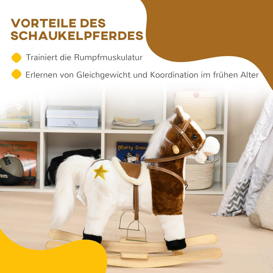 HOMCOM Schaukelpferd Schaukeltier Pferd mit Sound Effekt, Fussstütze, Haltegriffen Plüsch Baby Schau