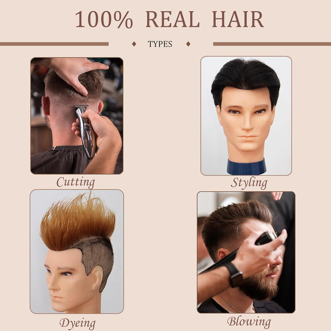DaizySight Mann Frisierkopf 100% Echthaar, Frisurenkopf Männlicher Haarschnitt Übungskopf mit Haar,