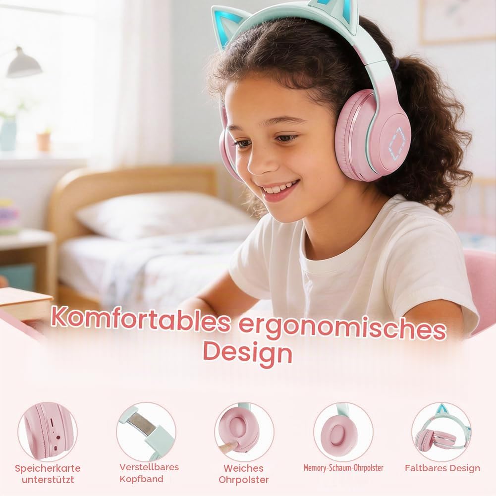 Kinder Bluetooth Kopfhörer, Katzenohr LED Lichter, Bluetooth 5.3 Stereo, Verstellbares Kopfband, 85d
