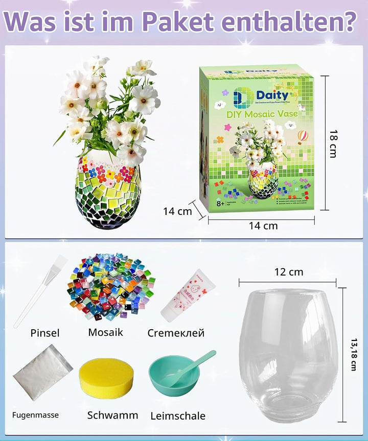 Daity Mosaik bastelset Kinder Erwachsene Glasmosaik Vase set mosaiksteine zum basteln set kann Wasse