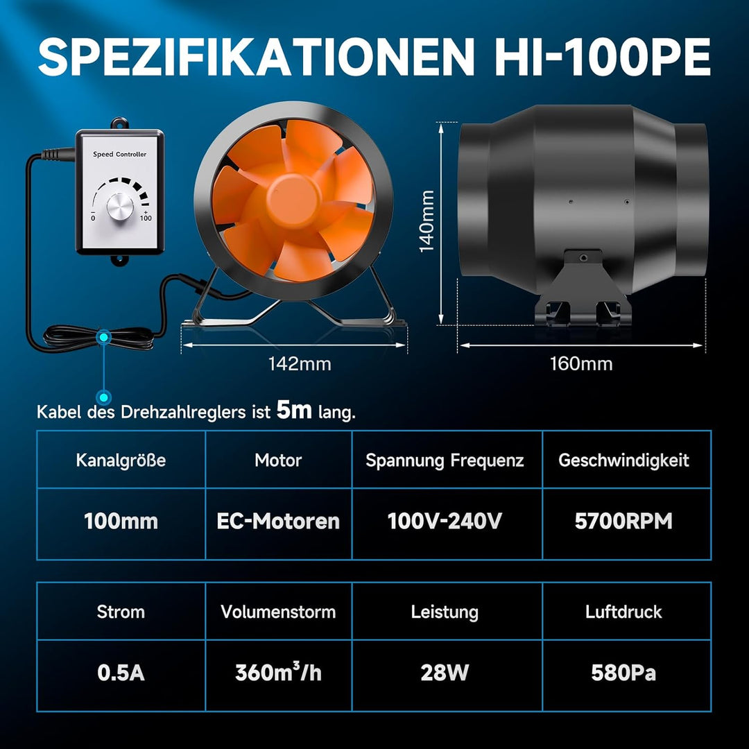 Hon&Guan 100mm Rohrventilator mit Drehzahlregler,EC Rohrlüfter 360 m³/h EU-Stecker für Growzelt Gewä