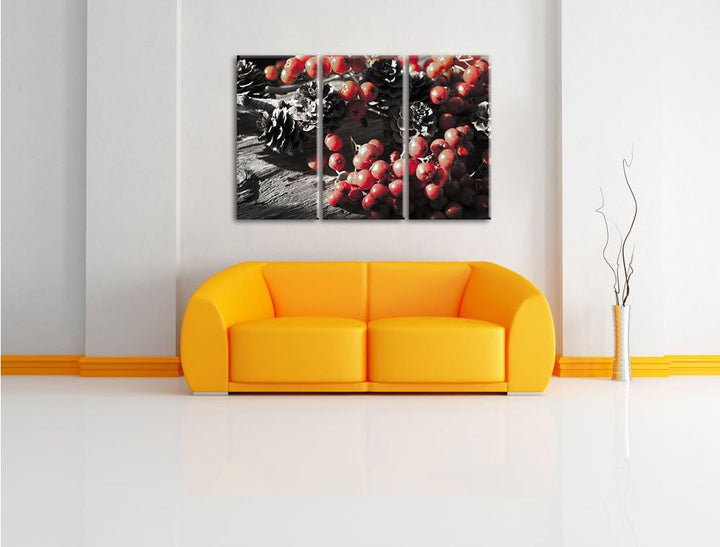 Pixxprint Vogelbeeren und Tannenzapfen als Leinwandbild/Grösse: 3 Teilig (120x80 cm) cm/Wandbild/Kun