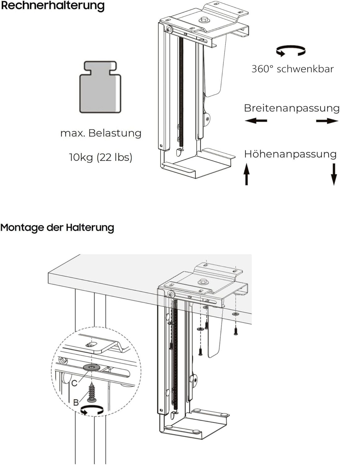 ADAKAT Einstellbare Untertisch Wand PC-Halterung Drehbar, Grösseneinstellung