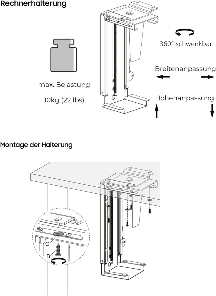ADAKAT Einstellbare Untertisch Wand PC-Halterung Drehbar, Grösseneinstellung