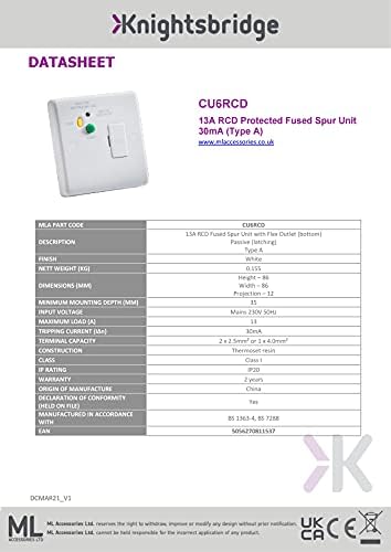 Knightsbridge CU6RCD 13 A RCD geschützte gesicherte Netzteileinheit – 30 mA (Typ A), weiss, 12,0 mm