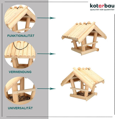 KOTARBAU® Holz Vogelfutterhaus Klein aus Natürlichem Holz Unlackiert zum Aufhängen + 0,5 kg Futter G