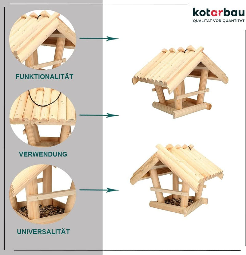 KOTARBAU® Holz Vogelfutterhaus Klein aus Natürlichem Holz Unlackiert zum Aufhängen + 0,5 kg Futter G