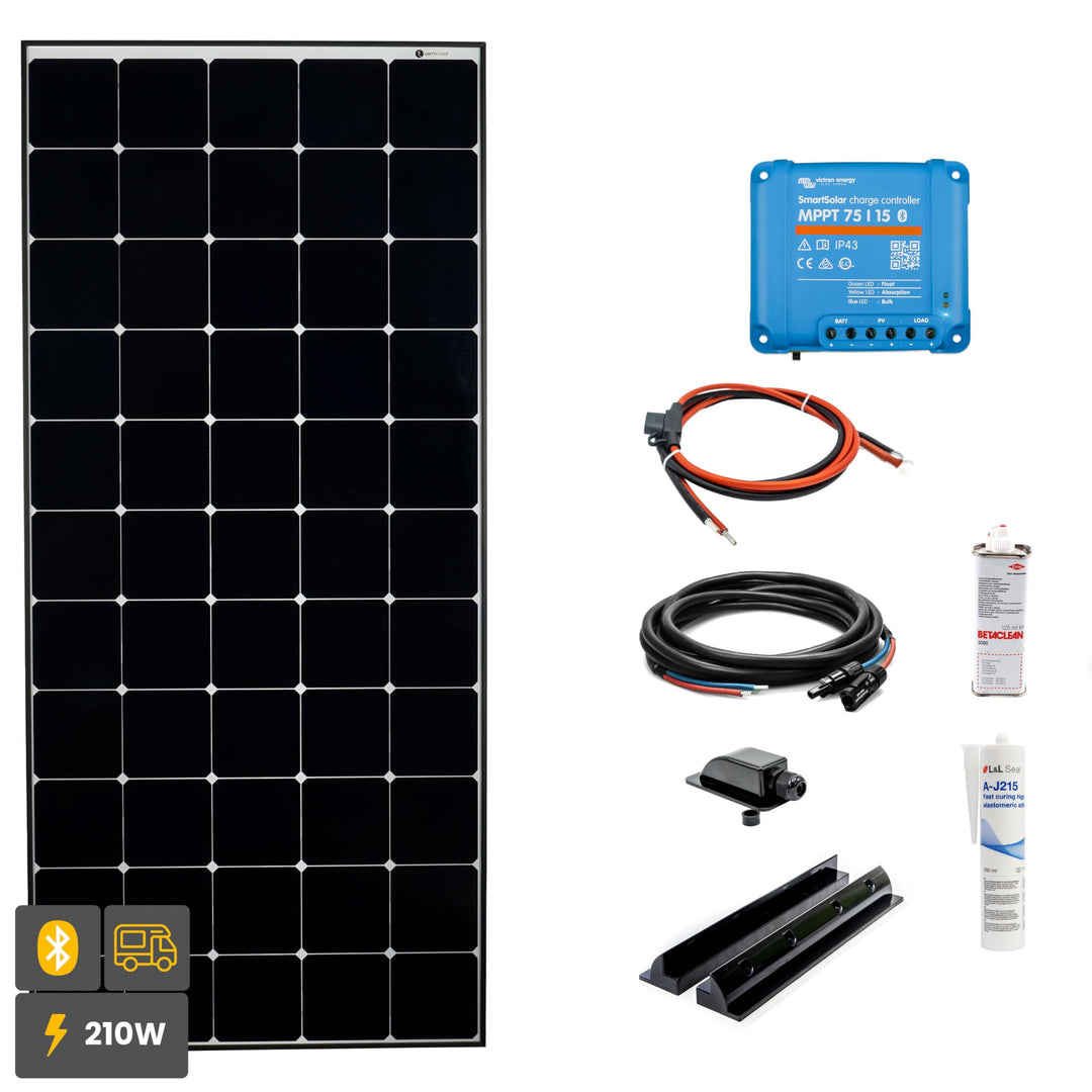 210W SOLA Frame Solarmodul-Set für Wohnmobile und Camper, Laderegler, Kabel, Montagezubehör (Schwarz
