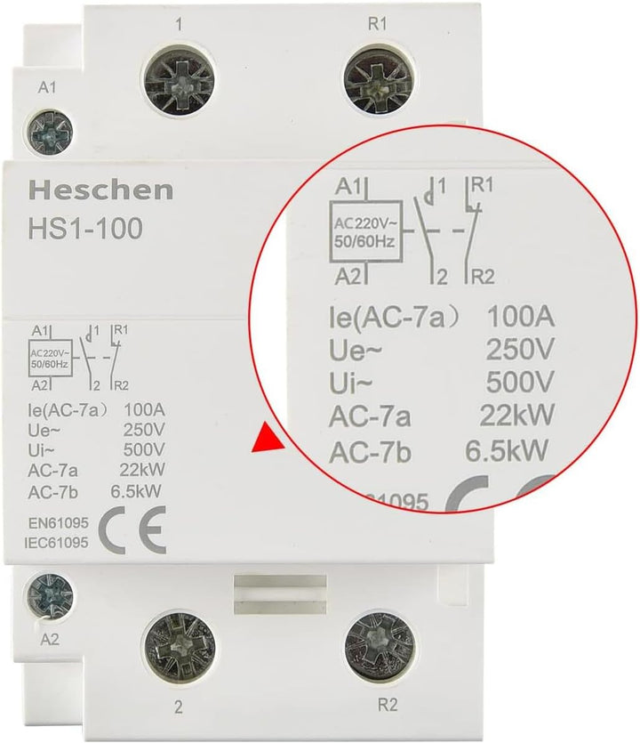 Heschen Haushalts-Wechselstromschütz, HS1-100, Ie 100A, 2-polig 1NO 1NC, AC 220/240V Spulenspannung,
