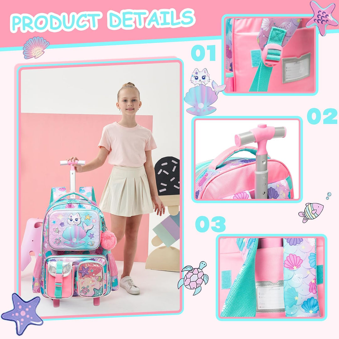 HTgroce Schulranzen Trolley Mädchen Meerjungfrau Rolling Backpack for Girls Einhorn Rucksack Mit Rol