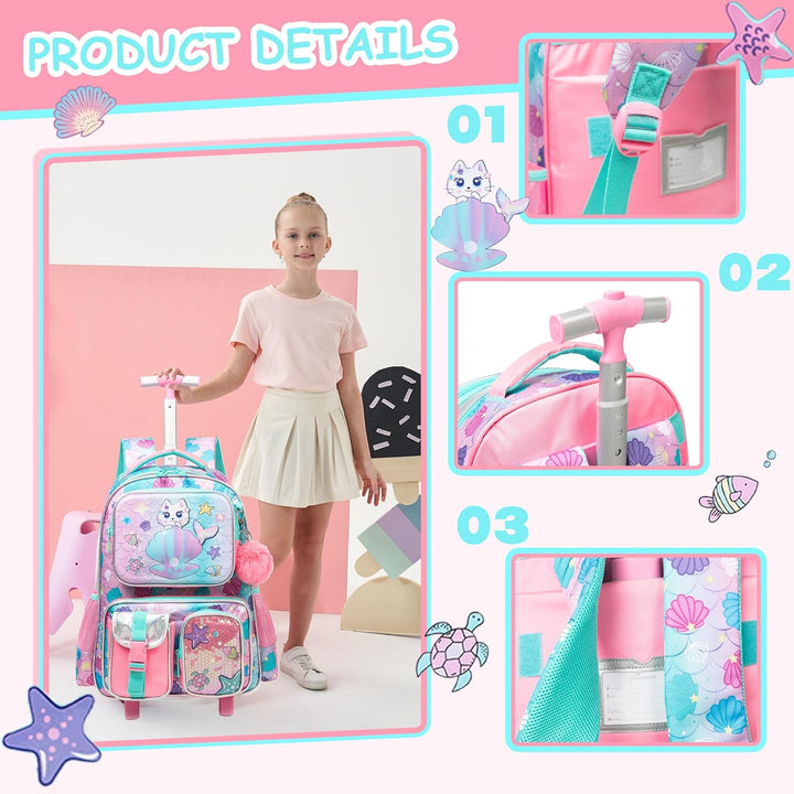 HTgroce Schulranzen Trolley Mädchen Meerjungfrau Rolling Backpack for Girls Einhorn Rucksack Mit Rol