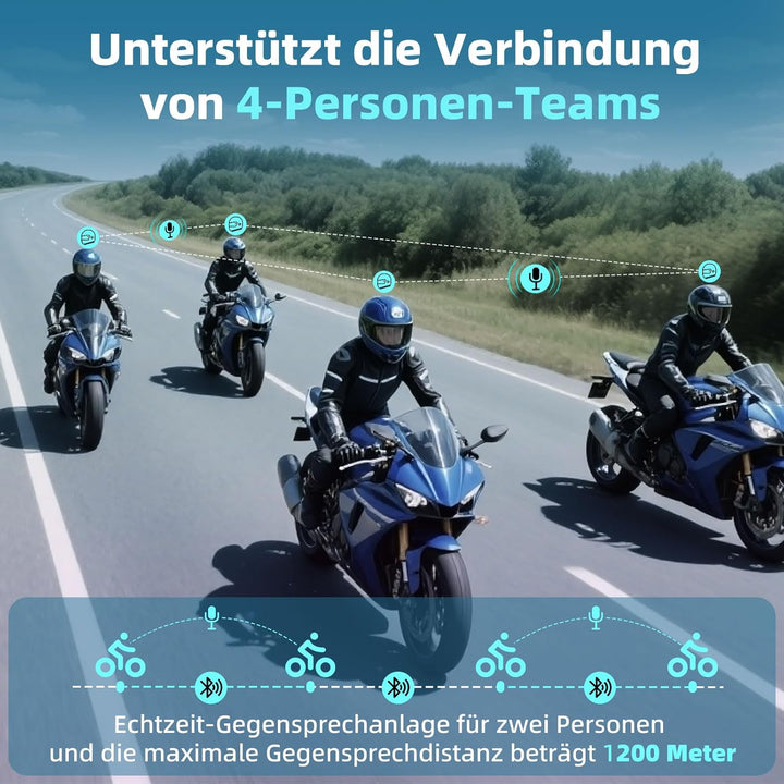 X2 Motorrad Bluetooth Headset, Helm Kommunikationssystem für 2 bis zu 4 Personen in Reichweite von 1