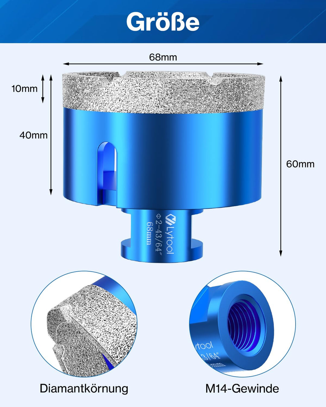 Diamant Fliesenbohrer 68 mm M14 Diamantbohrer Lochsäge für Fliesen Porzellan Keramik Marmor Granit B