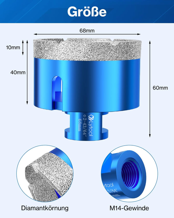 Diamant Fliesenbohrer 68 mm M14 Diamantbohrer Lochsäge für Fliesen Porzellan Keramik Marmor Granit B
