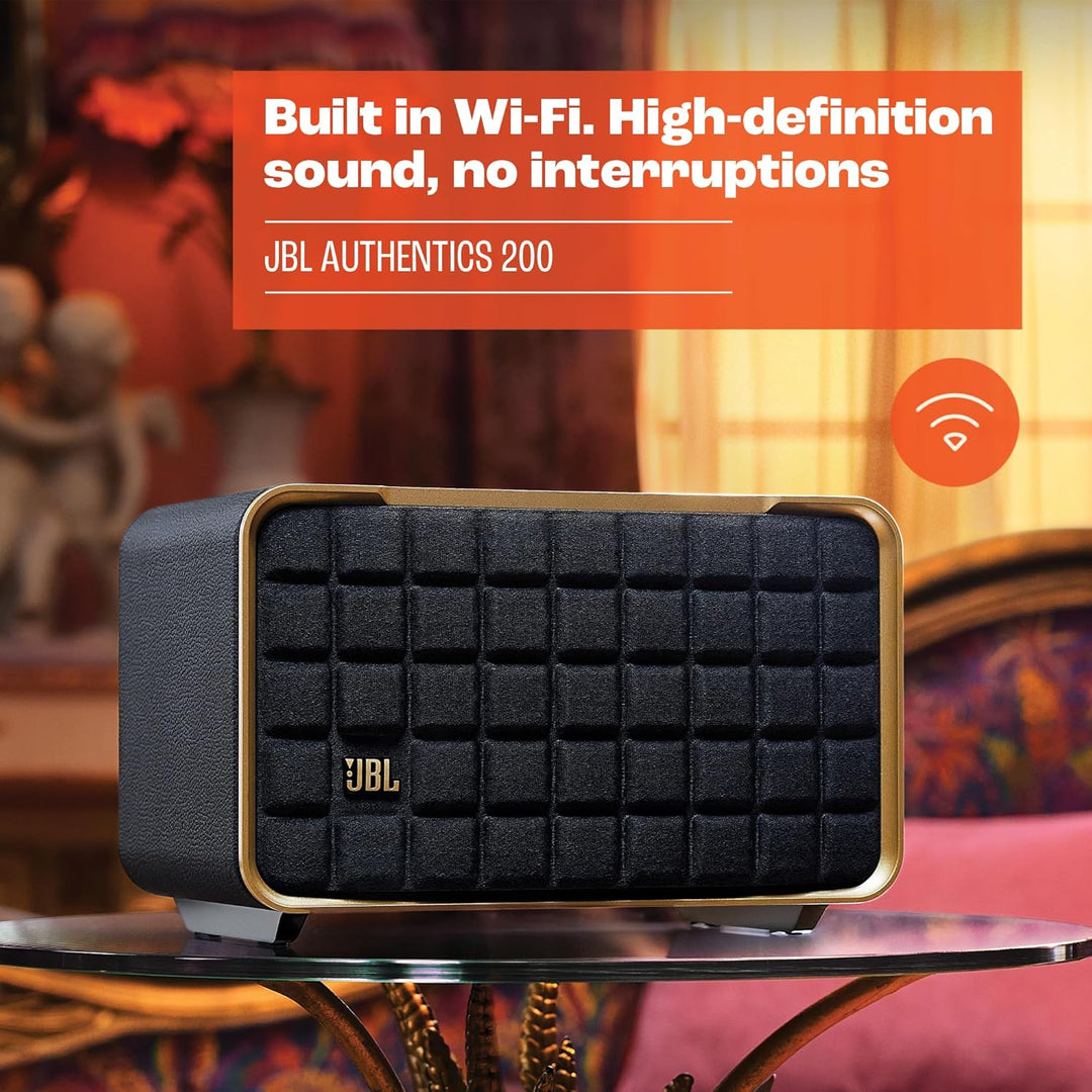 JBL Authentics 200 Smart Home Lautsprecher – 70er Jahre Retro-Design Bluetooth Box – Mit Quadrex Gri