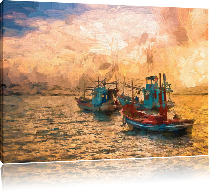 Pixxprint thailändische Fischerboote im Meer Kunst Pinsel Effekt, Format: 100x70 auf Leinwand, XXL r