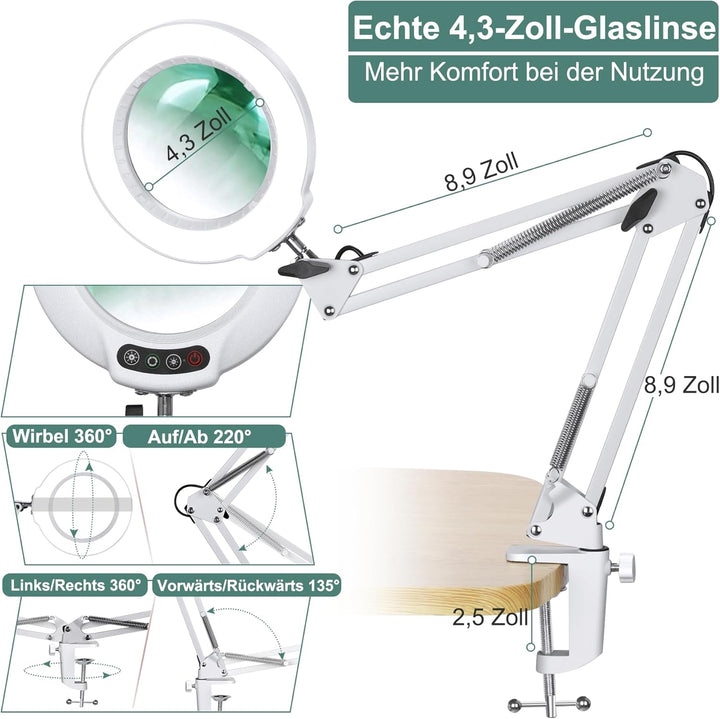 Veemagni 10X Lupe mit Licht, 5 Farbmodi Stufenlos Dimmbar, Verstellbarer Schwenkarm LED Beleuchtete