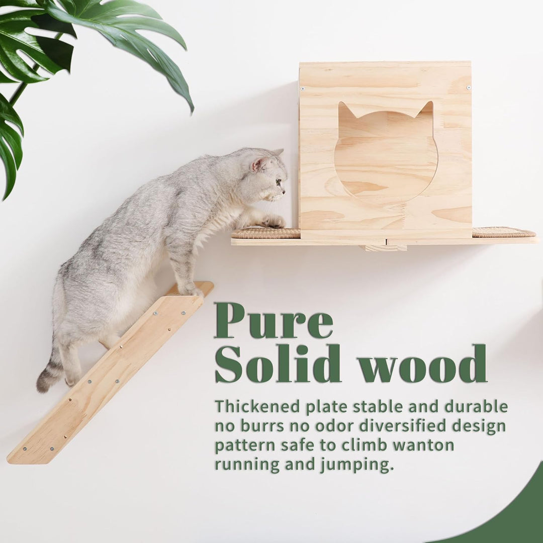 Set von Wandregalen für Katzen, mit Haus, Sisal-Kratzbaum, Kletterstufen, aus massivem Holz, für den