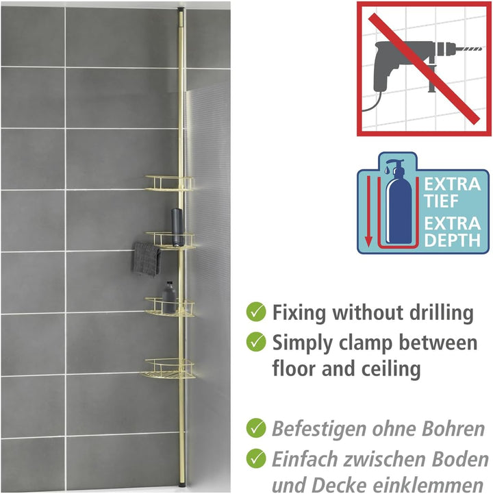 WENKO Teleskop-Eckregal Mod. Dolcedo Gold, klemmbares Badregal mit 4 Ablagen für Shampoo, Duschgel &