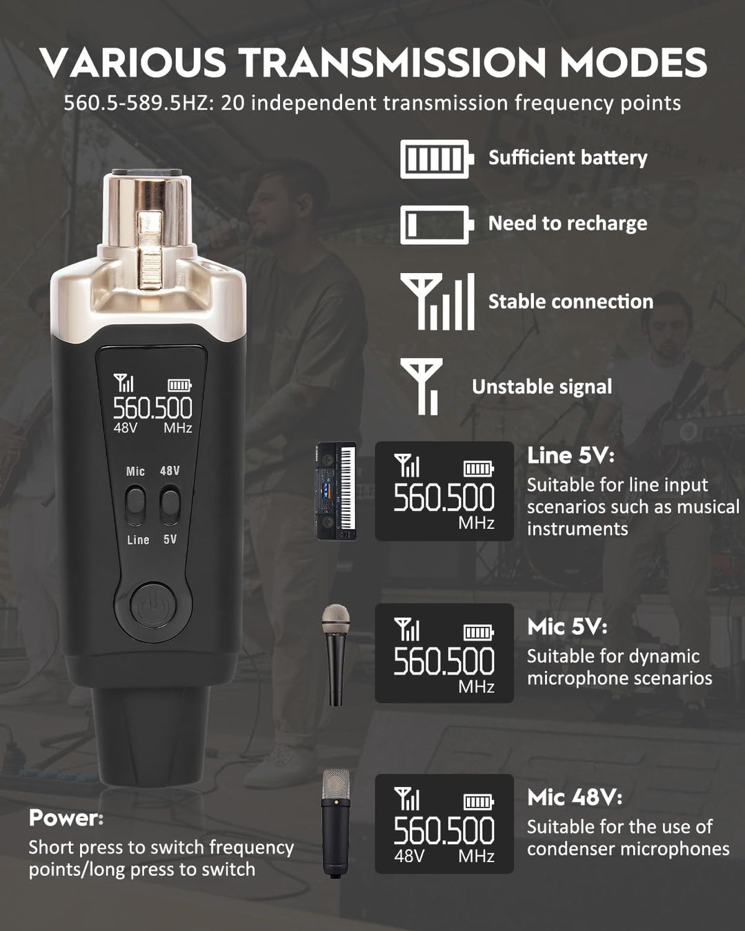 STRICH M2 UHF Drahtloses Mikrofone Sender Empfänger, XLR Mic Adapter 16 Kanäle für dynamische Mikrof