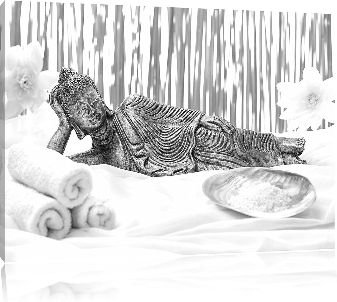 Pixxprint Buddha auf Handtuch / 100x70cm Leinwandbild bespannt auf Holzrahmen/Wandbild Kunstdruck De