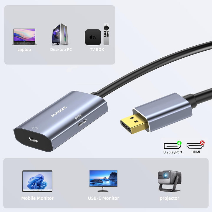 8K@30Hz / 4K@144Hz DisplayPort-auf-USB-C-Adapter mit PD 65W-Ladefunktion, Graphit-Kabel, DisplayPort