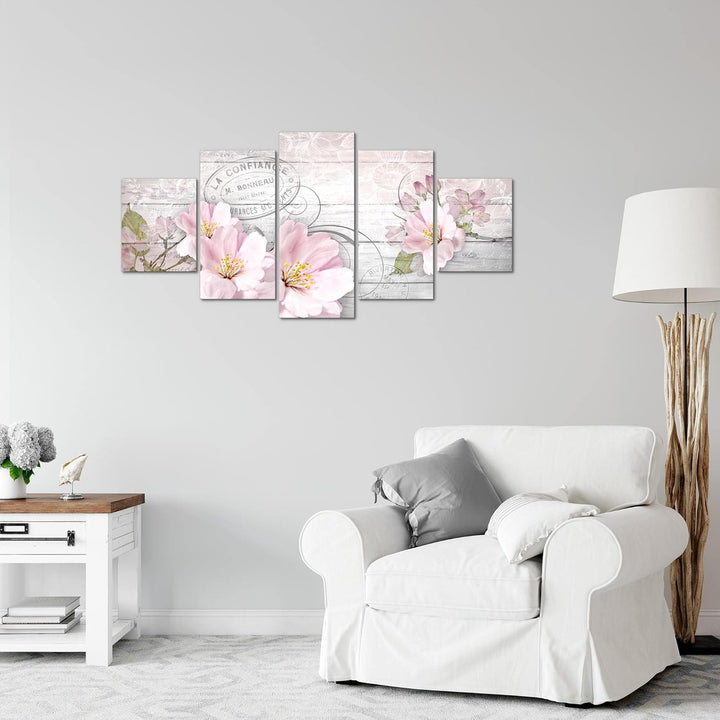 Runa Art Wandbilder Vintage Blumen 5 Teilig Bild auf Vlies Leinwand Deko Wohnzimmer Holzoptik Grau R