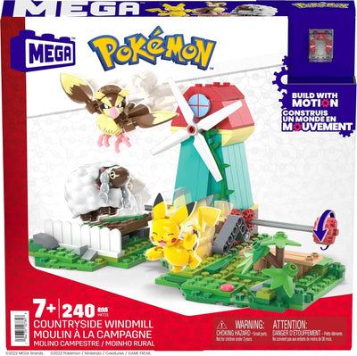 MEGA Pokémon Bauspielzeug für Kinder, Windmühlen-Farm mit Pikachu-, Taubsi- und Wolly-Actionfigur zu