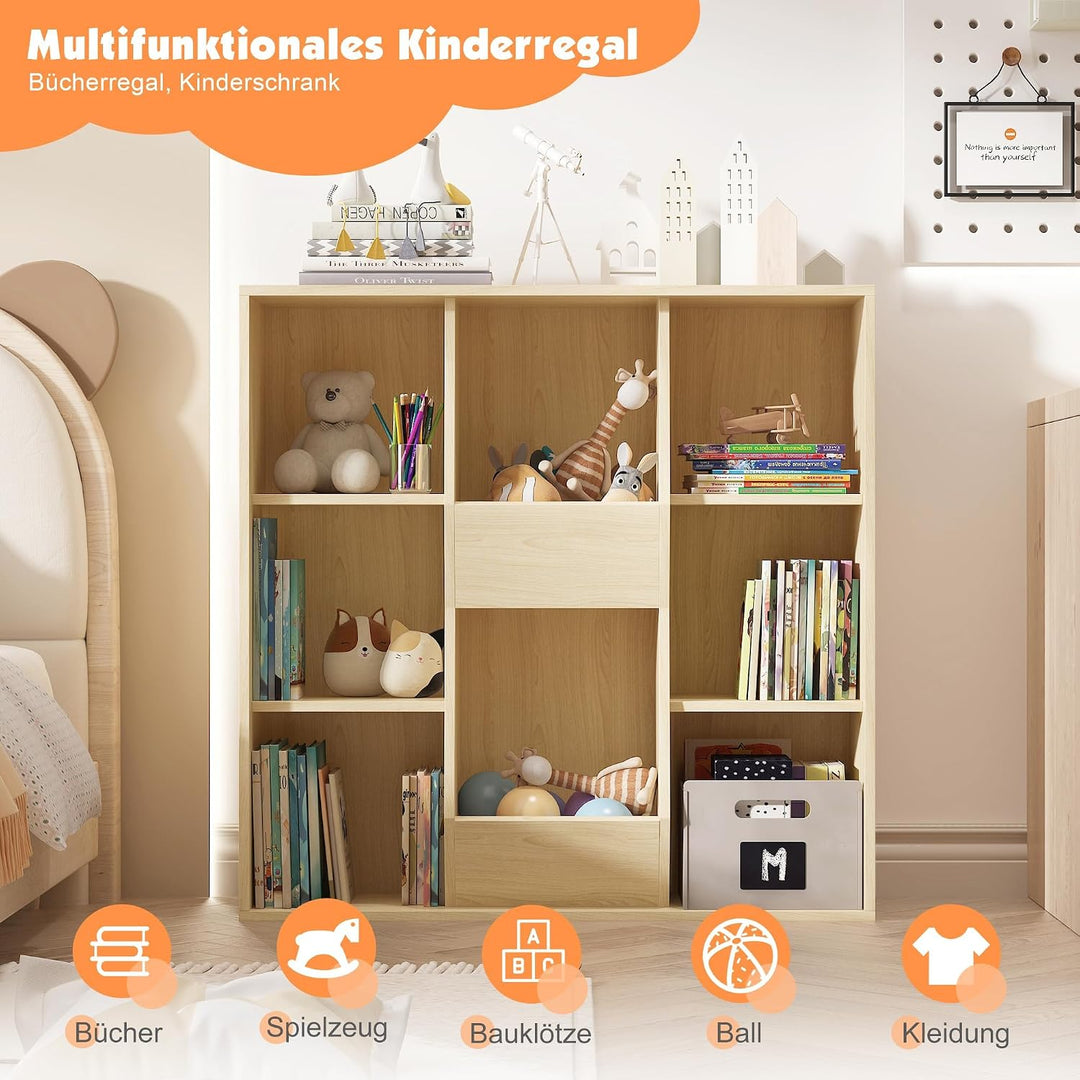 NACHES Bücherregal Kinder Bücher Aufbewahrung 90 x 30 x 90cm (Weiss) (Natur) | , Kinderregal mit 8 O