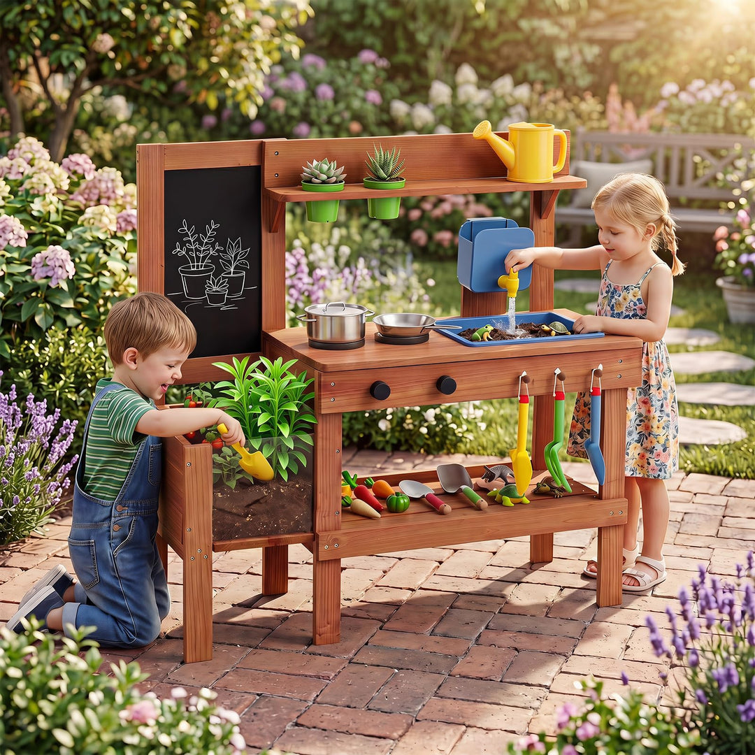 COSTWAY Matschküche Kinder Outdoor, Spielküche mit Wassertank &amp; Wasserhahn | Kinderküche mit Spüle,