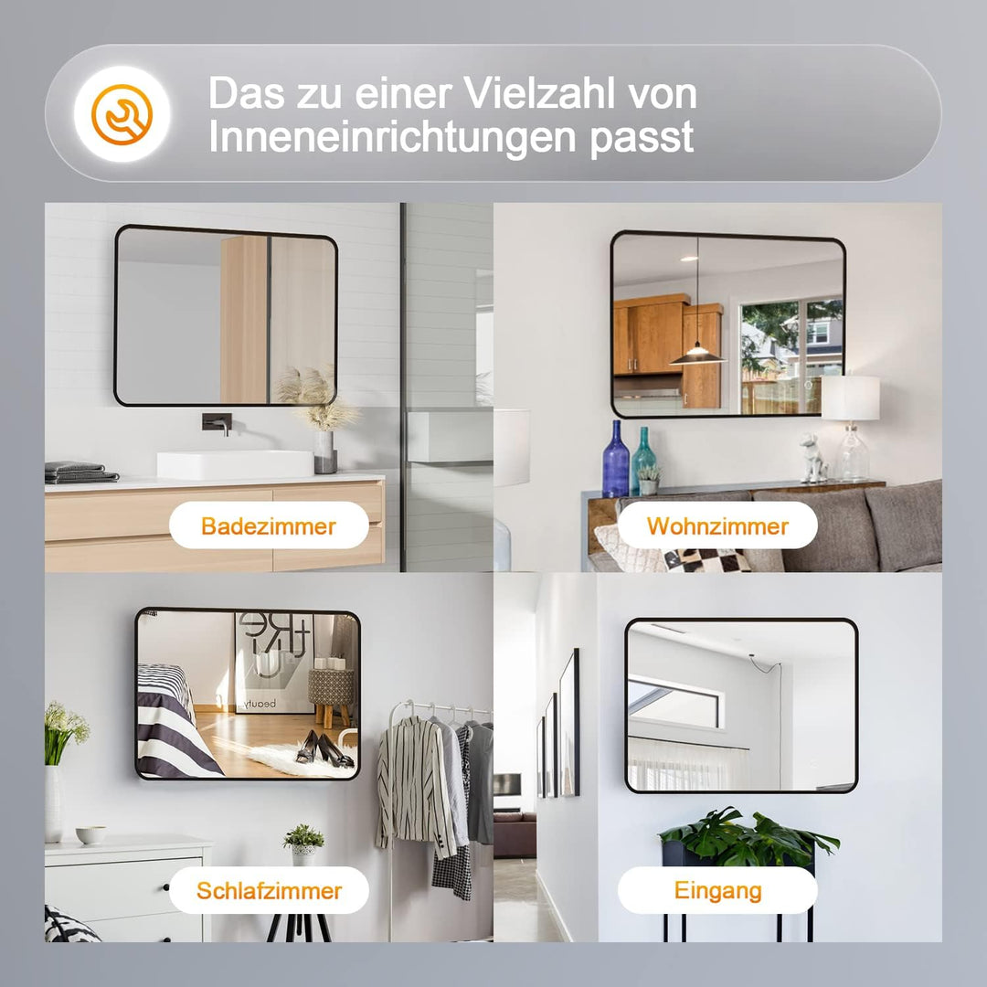 BD-Baode Badspiegel Schwarz 50x70cm Abgerundete Ecken Spiegel Wandspiegel für Badezimmer Wohnzimmer